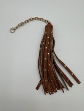 Long Tassel Hang Tag Bag Charm Key Fob Brown Gold Studded Keychain