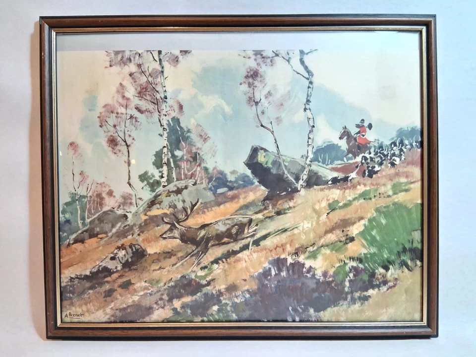 Pochoir de chasse à courre signé Albert Brenet encadré sous plexi - Photo 2/4