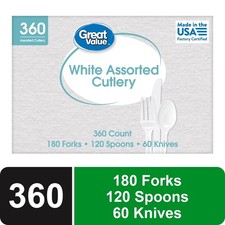 Disposable Plastic Cutlery Set, White, 360 Count includes 180F/120S/60K