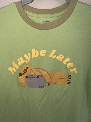 Pusheen Box Spring 2022 Green Cat Sloth Maybe Later Ringer Top Shirt Small