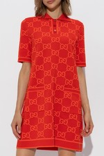 Gucci GG Monogram Cotton Polo Short Dress Jacquard Red Size M