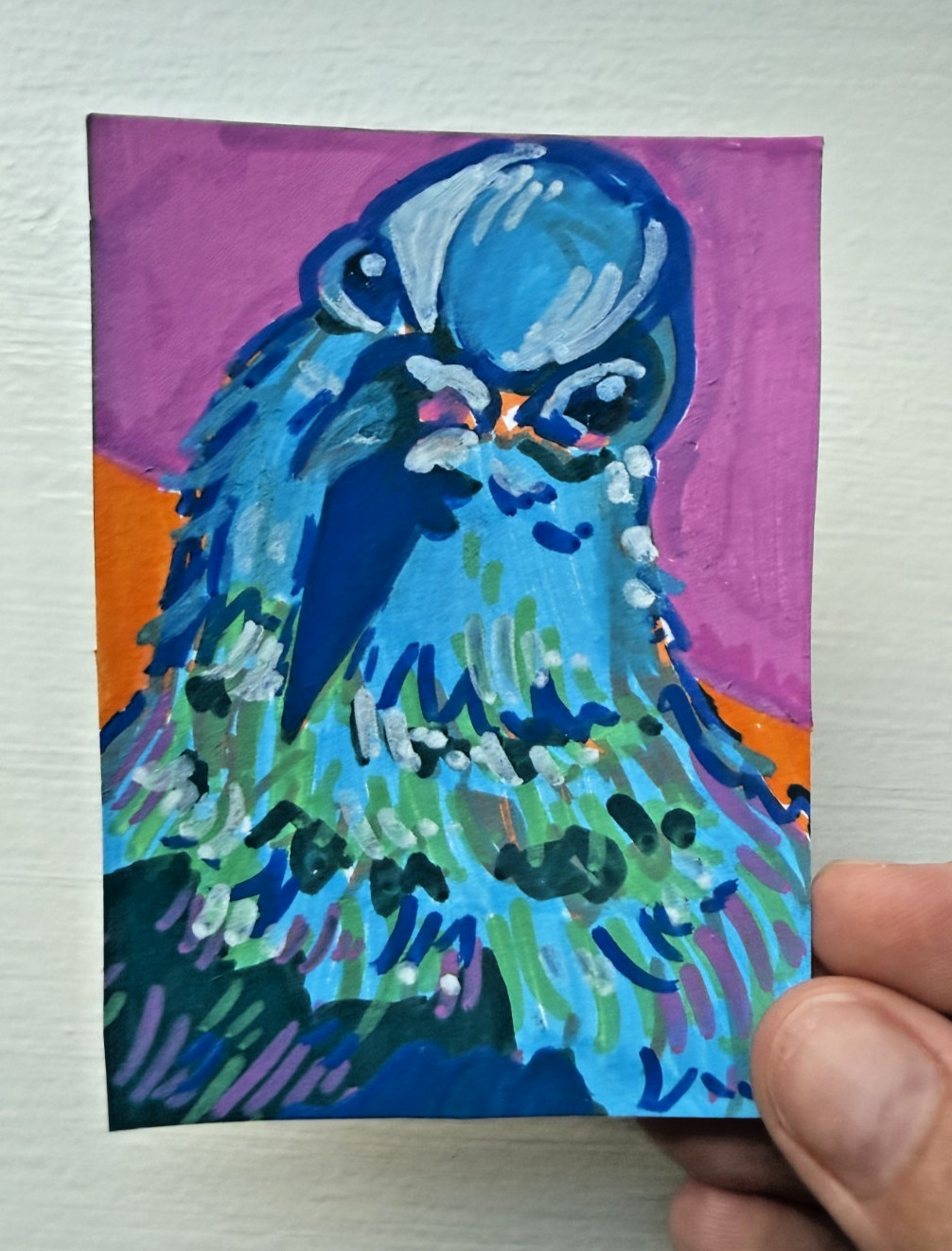 ACEO Original Blue Bird Pigeon Painting 4/9, Acrylic Illustration by Viristudios