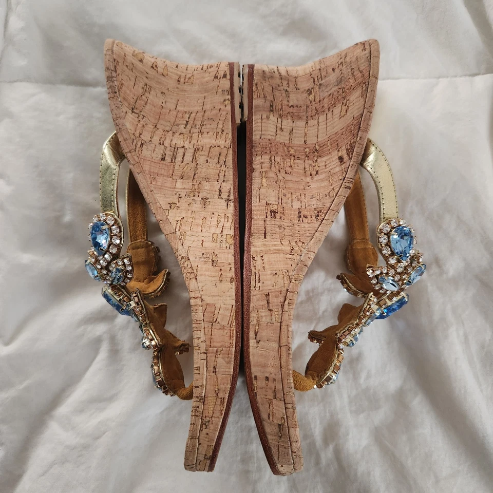 Sandalia Mystique Costa Rica Mujer Talla 7 Azul Cuña Tanga Cristal Estrás Foto 4 de 4