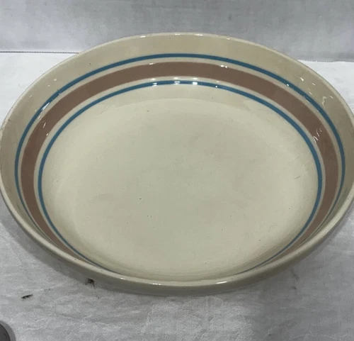 14” Diameter McCoy Large Pasta Serving Bowl Pink & Blue Band USA Ovenproof