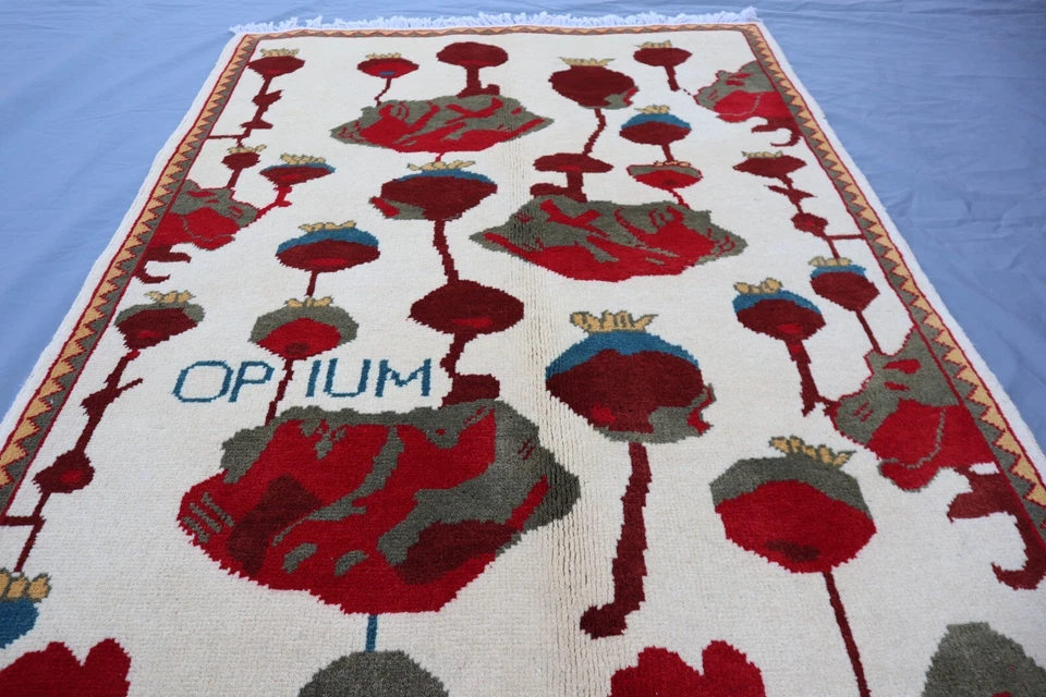 2x3 Opium Poppy Afghan Rug - Vintage Pictorial War Carpet - Handmade Wool Tribal - Image 2 of 4