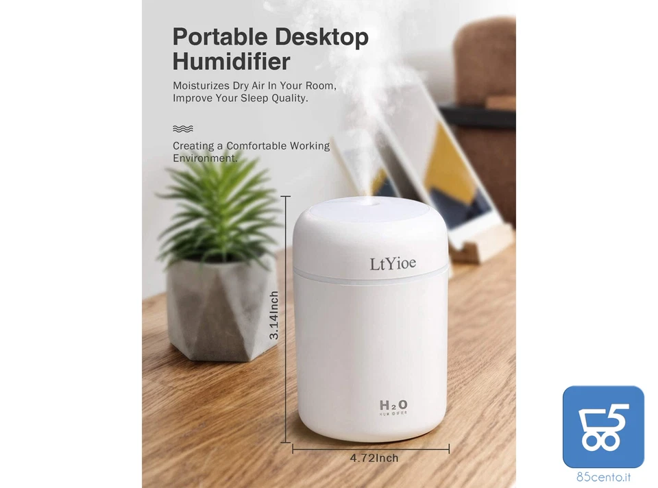 Mini Umidificatore da Scrivania Casa Ufficio Spegnimento Automatico USB Bianco - Immagine 2 di 4