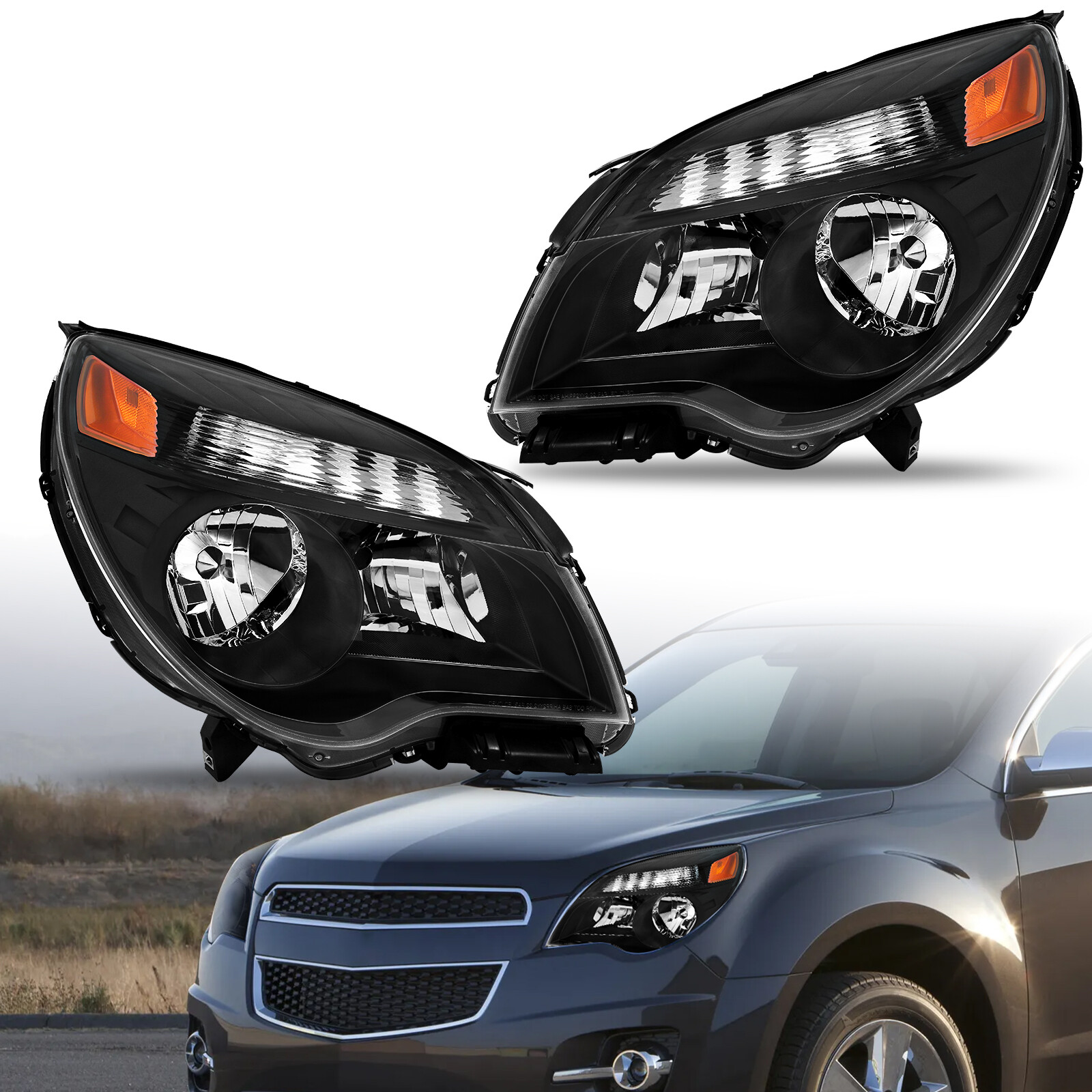 Headlights For 2010-2015 Chevy Equinox LT/LS Black Halogen Type Left+Right Pair