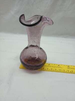 Vintage Hand Blown Amethyst Crackle Glass Fluted Bud Vase 5''