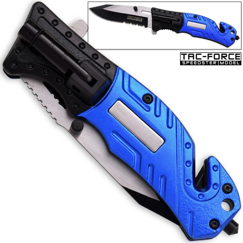 TAC-FORCE POLICE Spring Assisted Blue Open LED Tactical Rescue Pocket Knife - Image 3 of 3