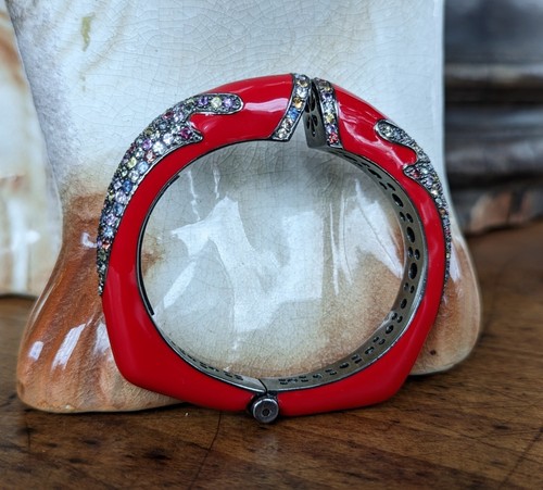 Rina Limor Red Enamel Bracelet 925 Sterling Silver Clamper Bangle Cuff Signed - Picture 6 of 7