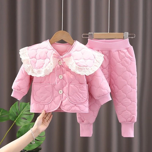 2-6Y Girls Cotton Clothes Sets Winter Detachable Lace Turn Down Collar Kids Quil - Picture 2 of 13
