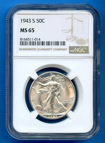 1943 S NGC MS65 Walking Liberty Silver Half Dollar 50c US Mint Coin Blast White 