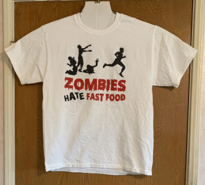 Zombies Hate Fast Food White Hanes Tag-less Sz Medium Red Black Print Runner