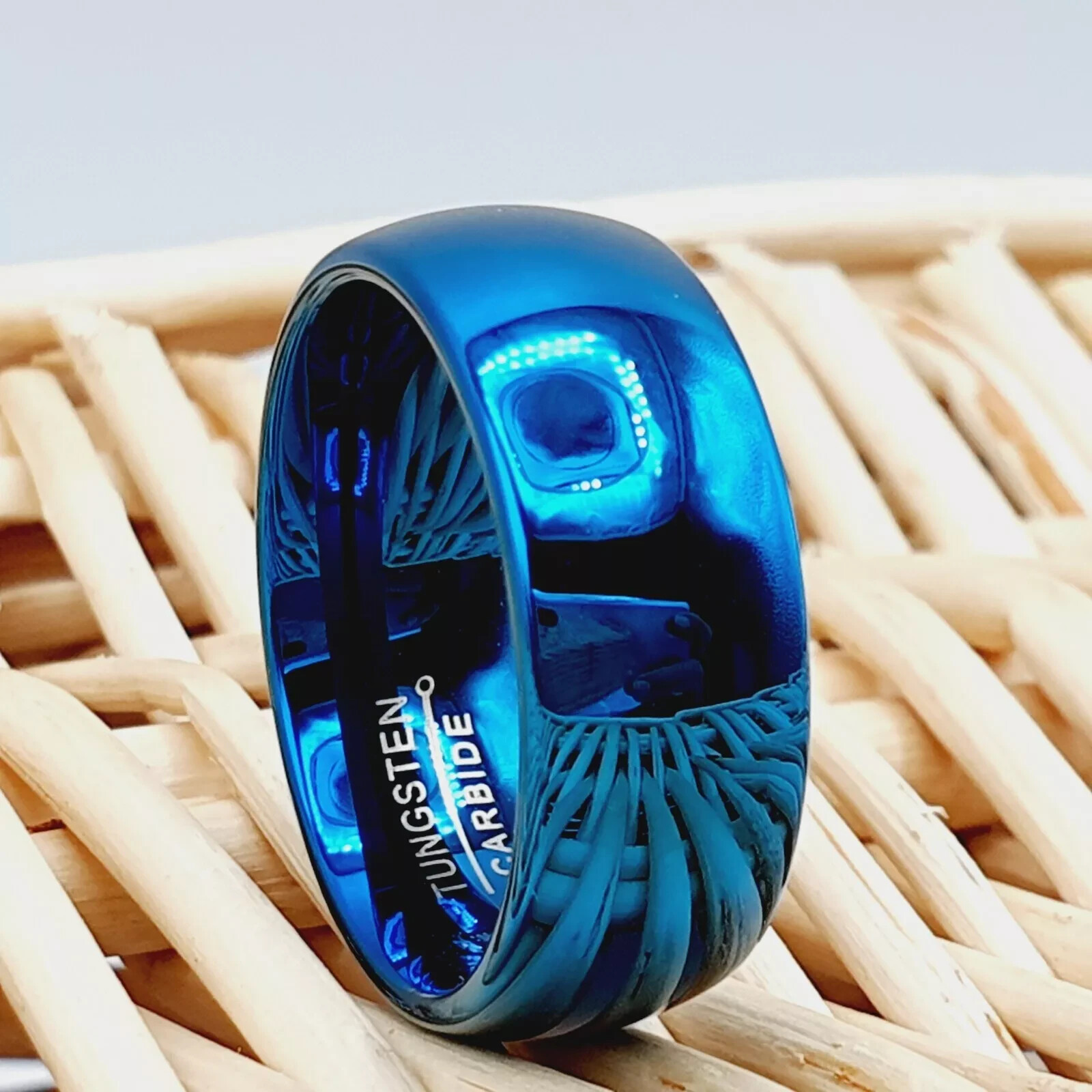 Men's Blue Wedding Band Anniversary Ring 8MM Classy Dome Ring Blue Tungsten Ring-image