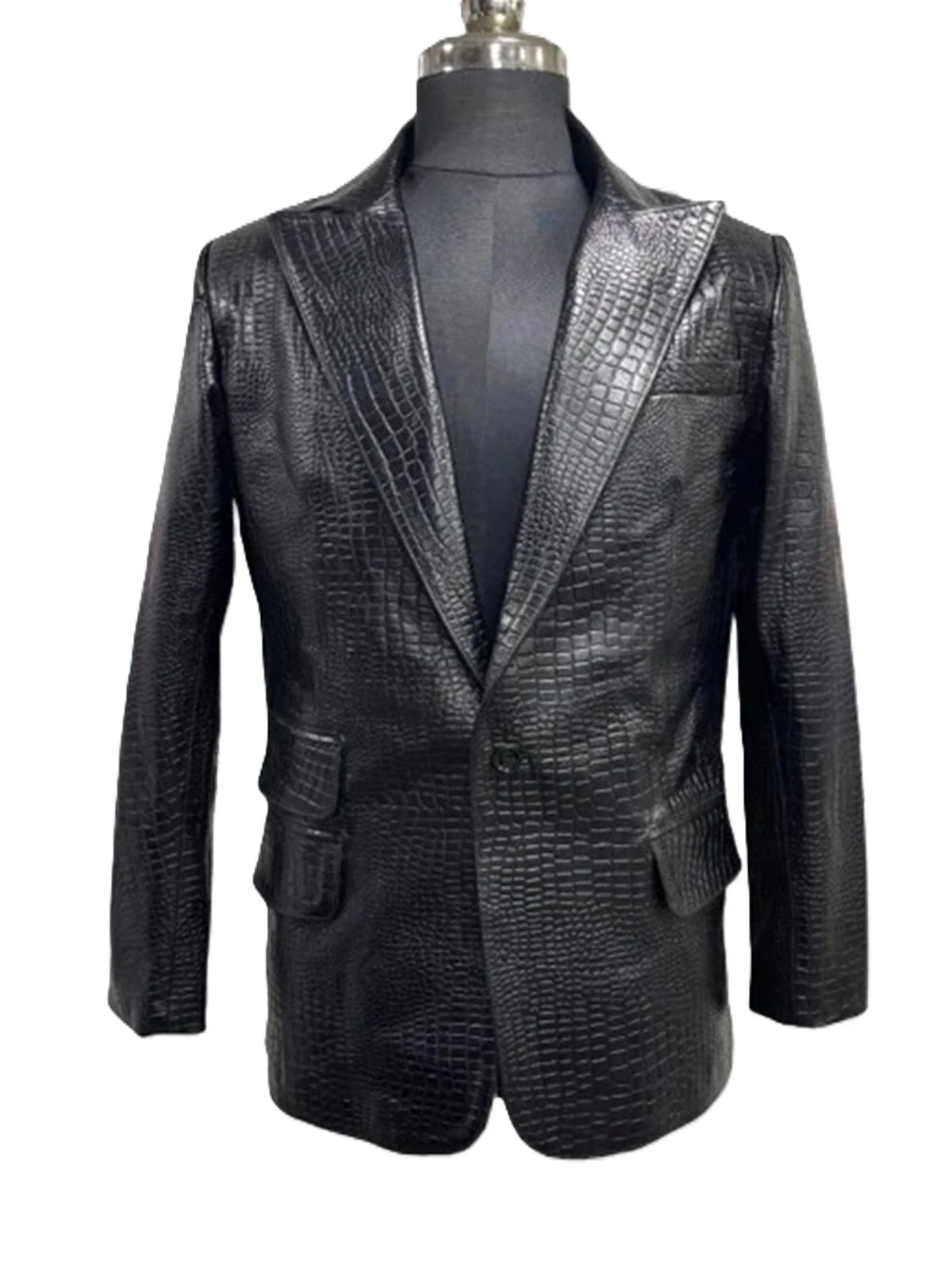 Men's Black Crocodile Pattern 100% Real Leather Luxury Blazer Jacket with Pocket