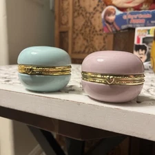 Macaron Trinket Box PAIR Pastel Enamel with Gold Tone Hinged Heart Clasp NEW
