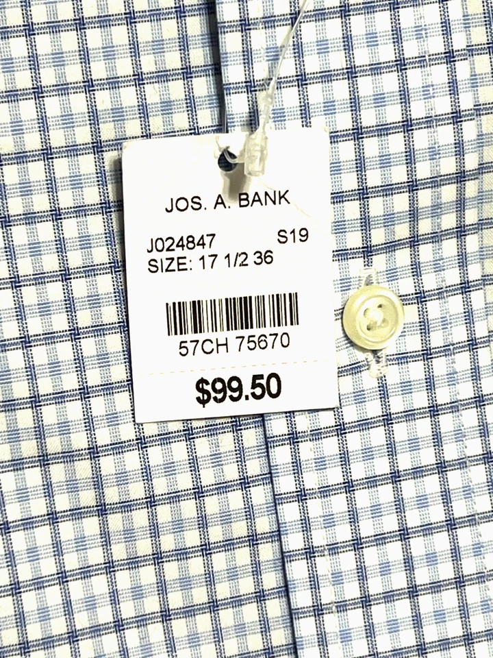 Jos. Camisa de vestir A Bank Traveler 17.5 36 para hombre ajuste a medida azul blanco a cuadros nueva con etiquetas Foto 4 de 4