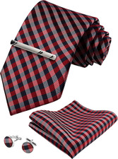 TIE G Stripe Plaid Mens Ties Set in Black Gift Box: Necktie and Pocket Square, C