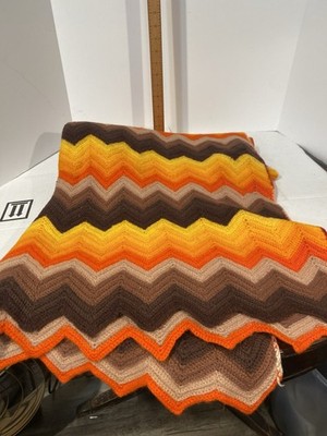Handmade Crochet Granny Afghan Blanket Vintage 60s/70s, Orange/Brown/Yellow Fall