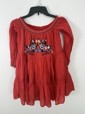 Free People Sunbeams Mini Red Dress Off Shoulder Size XS Embroidery Boho Peasant