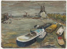 Modern British  Mid 20th Century Oil - Barges on the Thames at Battersea