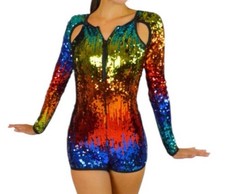 Weissman Multicolor Sequin Long Sleeve Biketard Dance Costume. Zip Front Adult S
