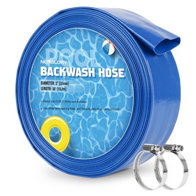 2'' x 50 FT Pool Backwash Hose, Heavy Duty Flat Sump Pump Hose, Reinforced Dis...