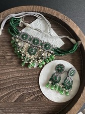 Emerald Green And Silver Tone Bollywood Necklace Choker Set With Earrings