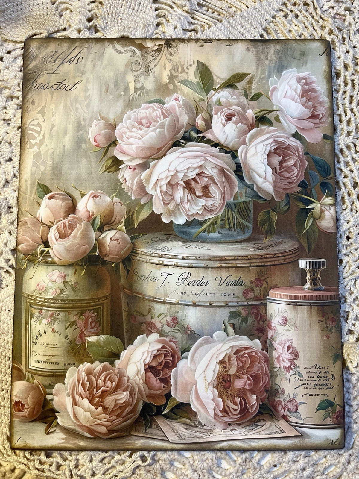 Shabby Chic Tin Cans & Roses / Peonies, Country Cottage,  Handcrafted Plaque #3