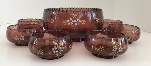 Vintage Victorian Northwood Amethyst Glass Berry Bowl Set Enameled Flowers - Picture 10 of 10