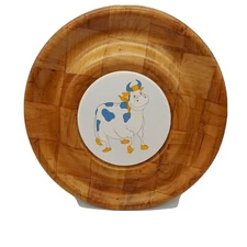 VTG 13" Round Wood Charcuterie Cheese Snack Serving Board Tray Country Blue Cow 