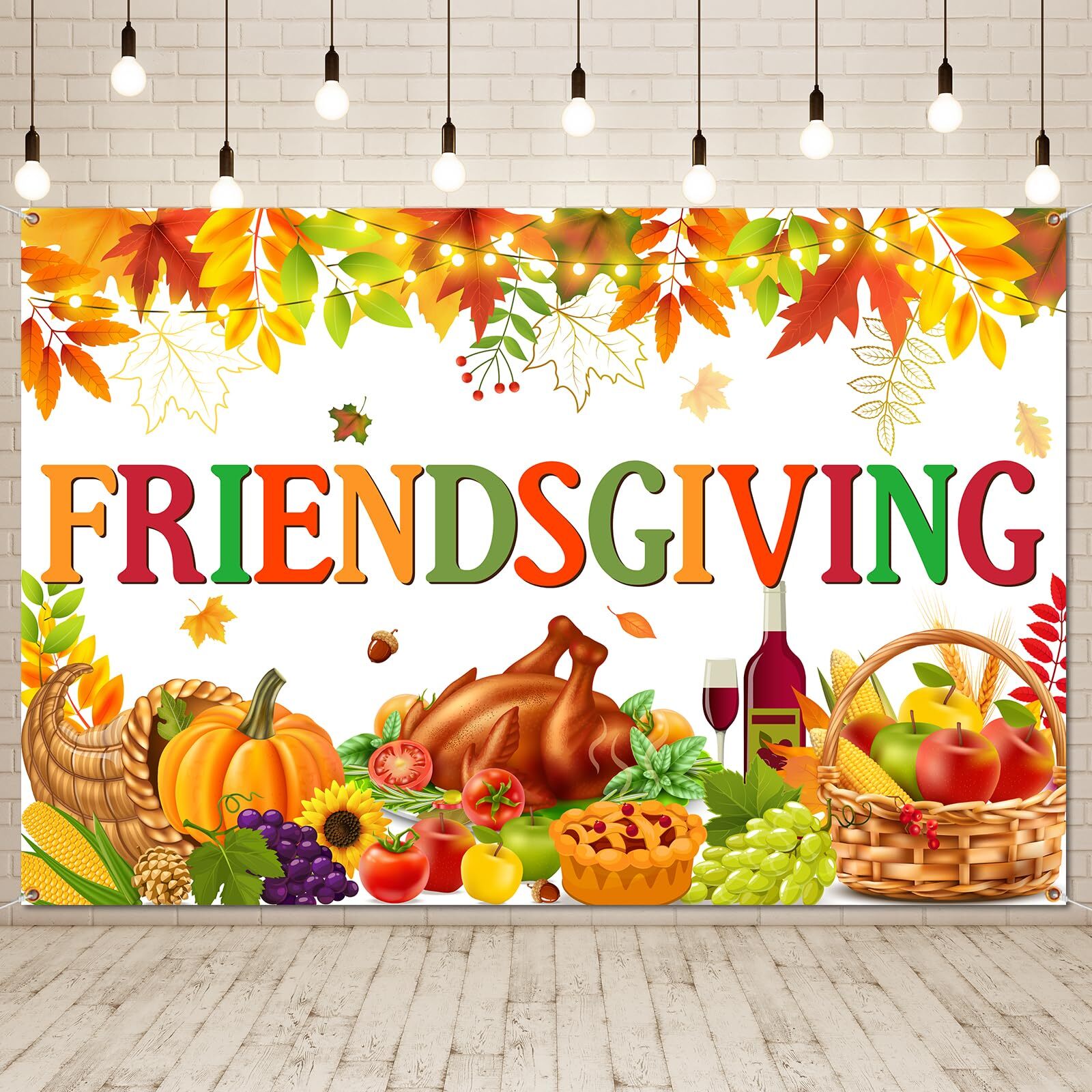 Friendsgiving Backdrop with Turkey and Maple Leaves for Party Decor  