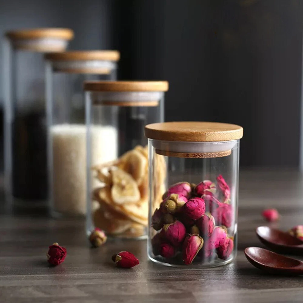 (Set of 4) 8pcs Glass Jars Bamboo Lid - Modern Design, Food Storage, Containers
