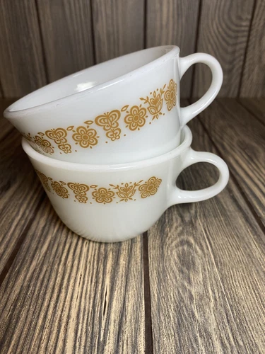 Pair Of Vintage Corning Pyrex Butterfly Gold Coffee Tea Cups Milk Glass 8 oz