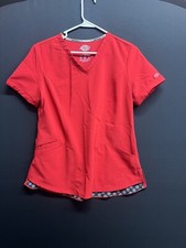 Dickies sz S Scrubs Red solid w/pockets V Neck Stretch EUC