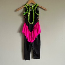 Vintage Dance Costume Child Large Sequin Jazz Pink Skirt Green Keyhole Back USA