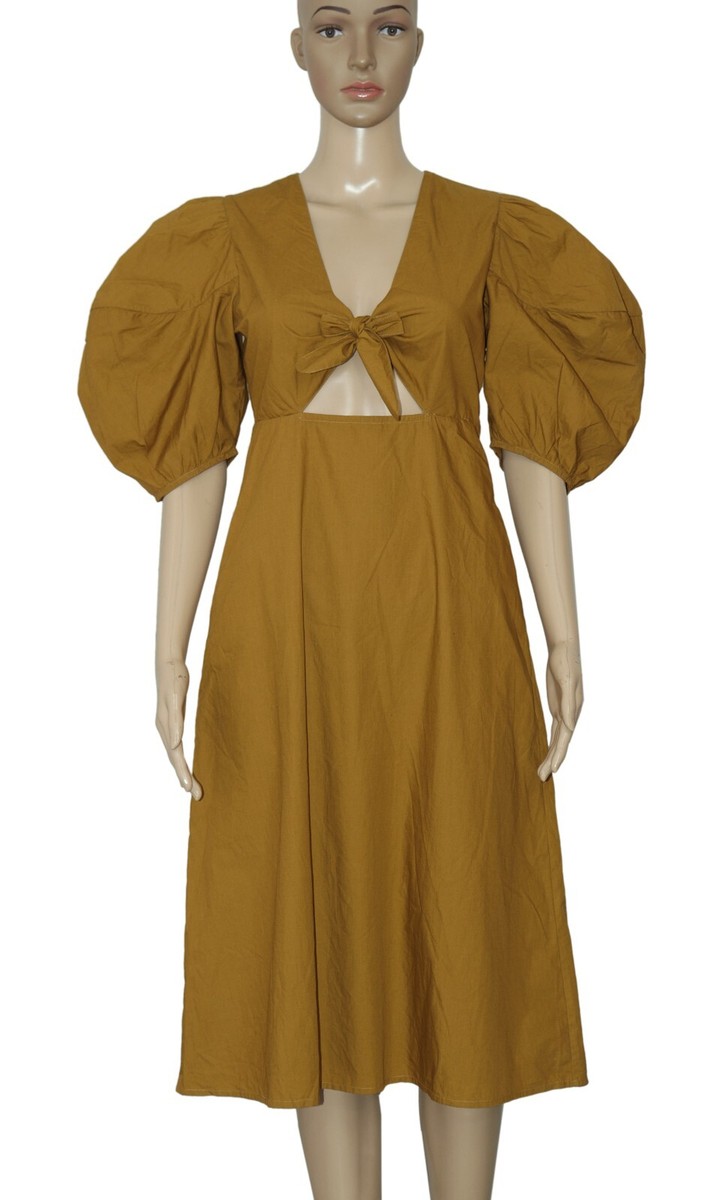Rhode Tie Waist Golden Cutout Puff Short Sleeve Cotton Midi Dress New XS