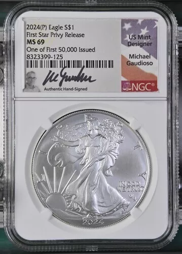 2024 (P) AMERICAN SILVER EAGLE FIRST STAR PRIVY NGC MS 69 GAUDIOSO SIGNED