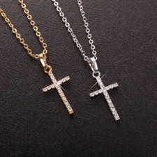 Women's Gold or White Gold Plated Small CZ Cubic Cross Pendant Necklace N30