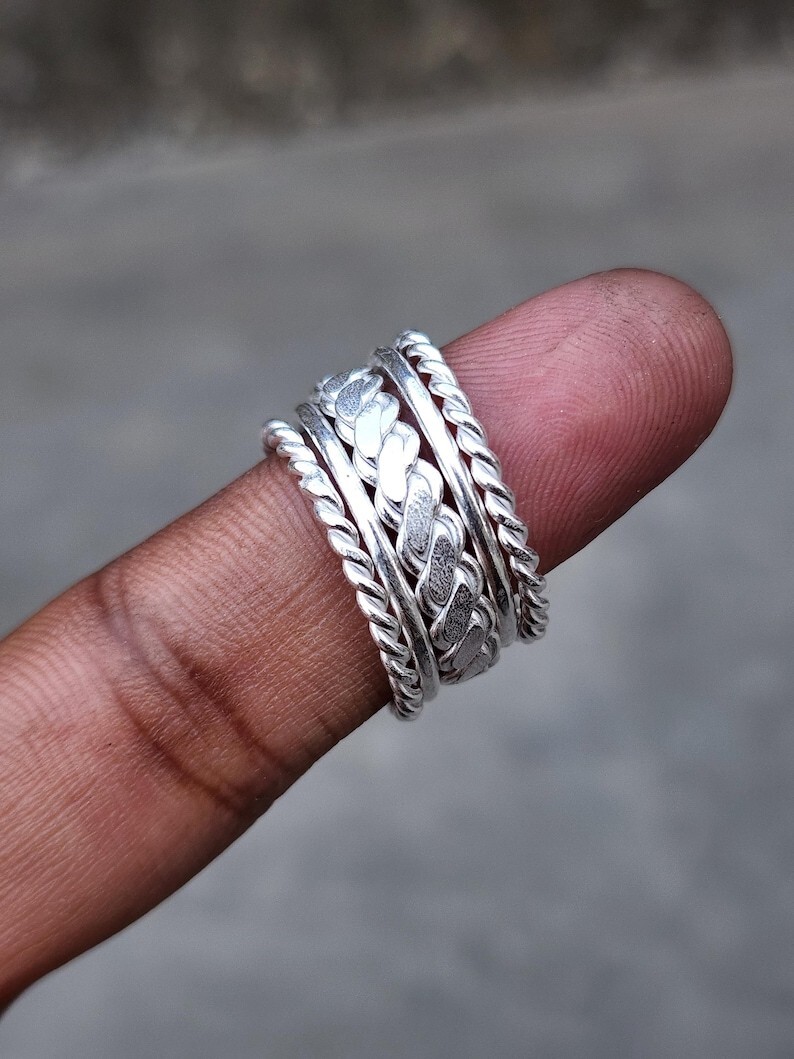 5 Sterling Silver Stacking Rings Set - Thick & Thin Minimalist Bands