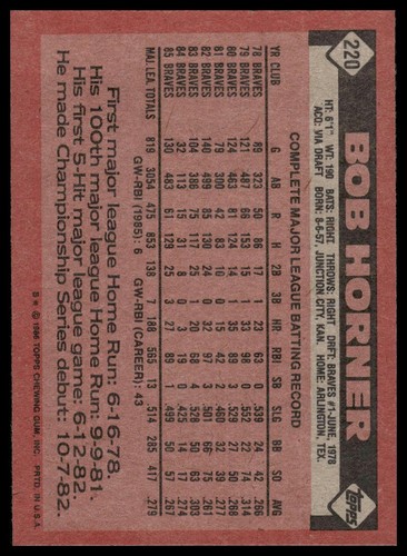 1986 Topps #220 Bob Horner Atlanta Braves Baseball - Picture 2 of 2