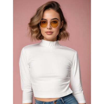 Brandy Melville Women's White Mock Neck 3/4 Sleeve Ribbed Crop Top