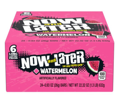 Now & Later Original Taffy Chews Candy, Watermelon, 0.93 Ounce Bar, Pack of 24