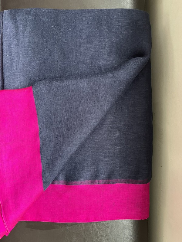 New FabIndia Style  Handloom Linen Saree sari designer Navy Blue Fuschia 7 Yds