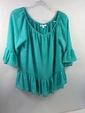 DR2 Top Women's Size M Green Semi-Sheer Lined 3/4 With Bell Elastic Neck