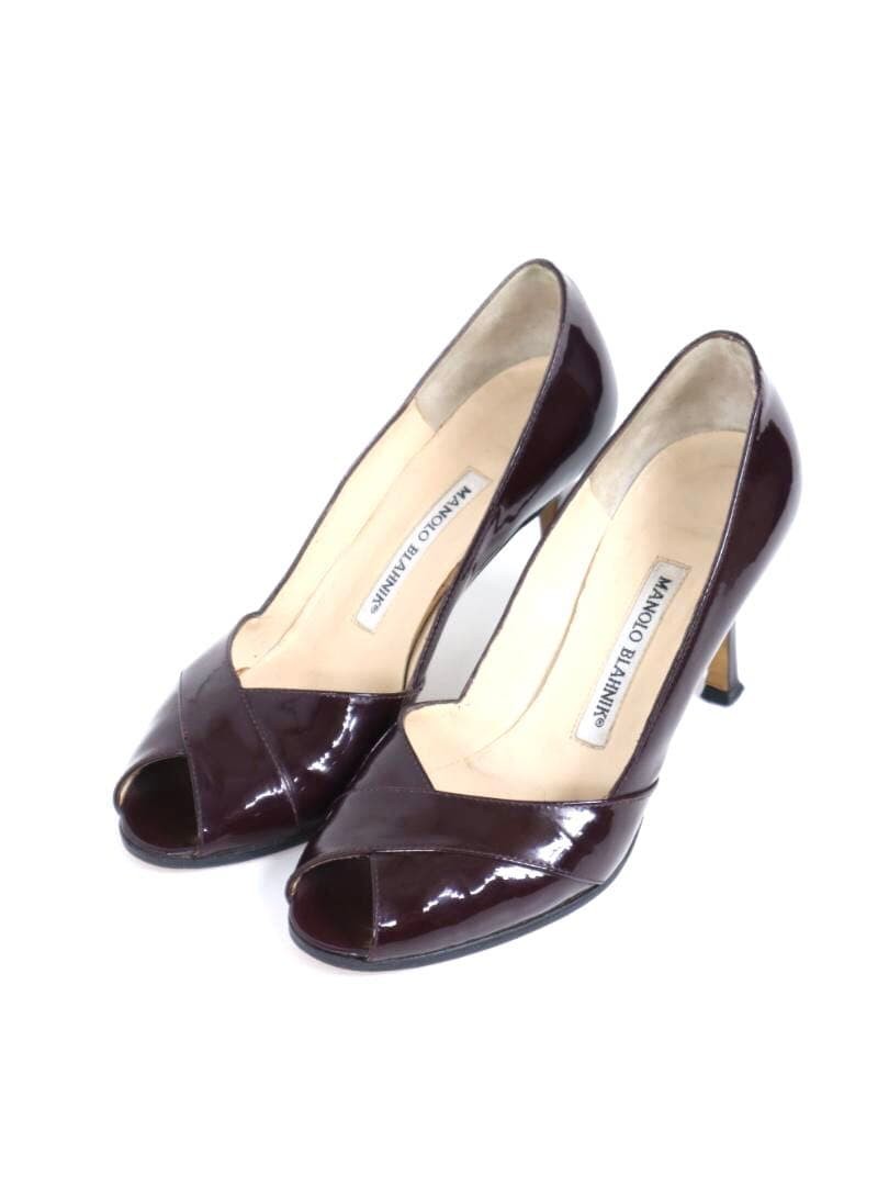 Rare Manolo Blahnik Patent Leather Open Toe Heels Burgundy Size 35.5 (US 5.5)