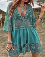 Turquoise Lace Crochet Boho Folk Tunic Dress Blouse Top Cover-Up Womens One Size