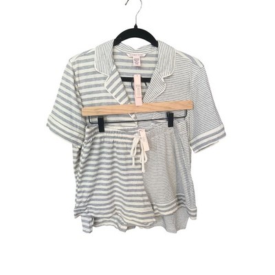 NWT Victorias Secret Pajama Set Womens Small Gray White Striped 2pc Short Set