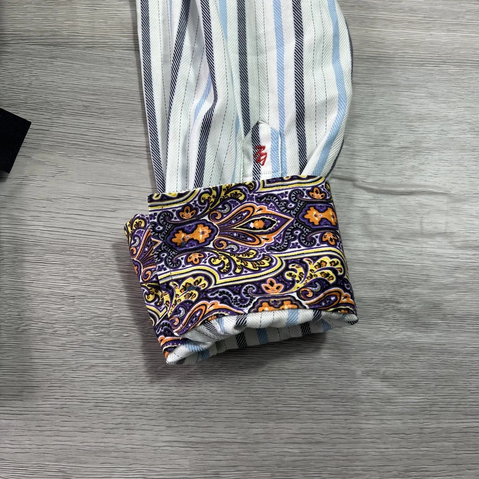 Camisa Robert Graham Para Hombres 2XL Azul Blanco Rayas Manga Larga Botones Paisley Foto 4 de 4