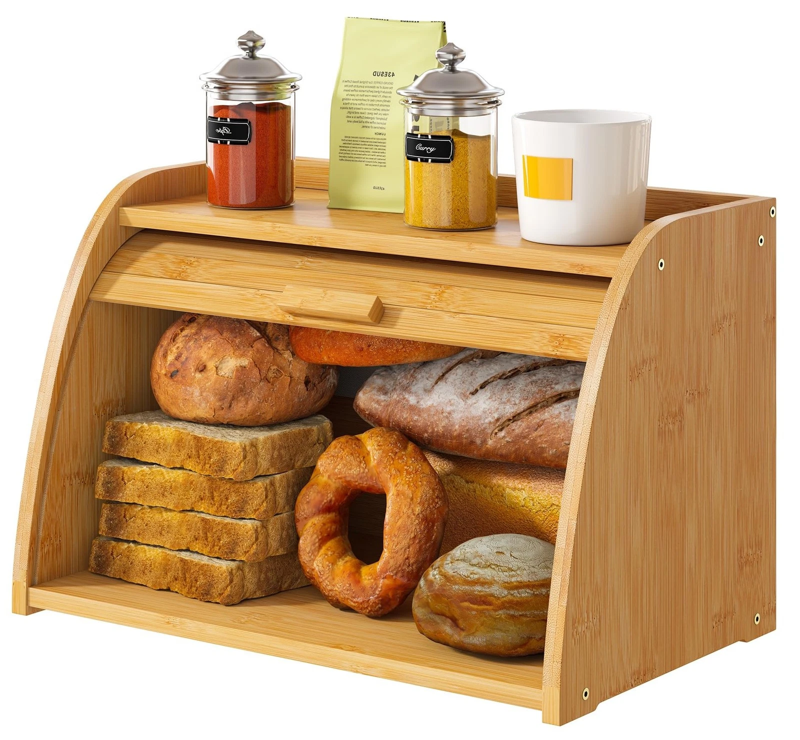 Bread Box for Kitchen Countertop, Large Bamboo Wood Bread Box, Wooden Corner ...